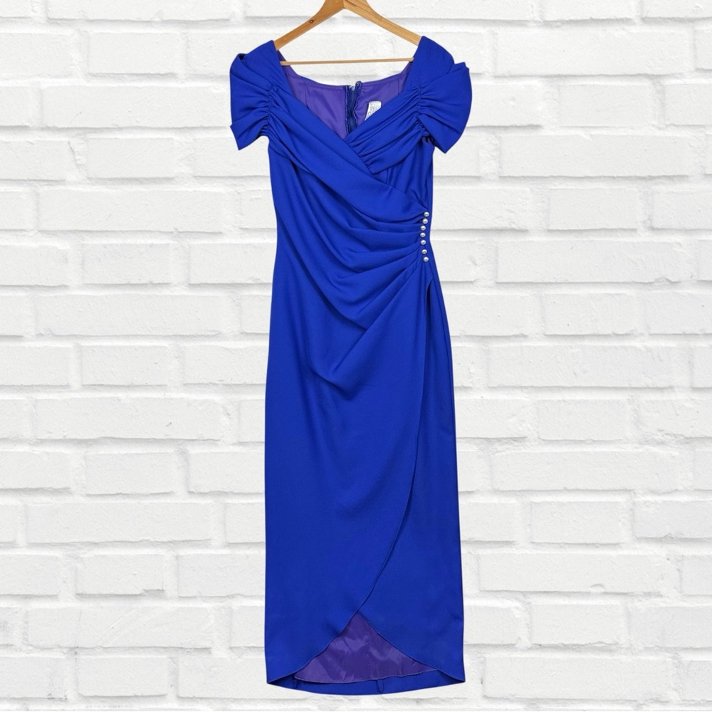 Vintage Sweetheart Neckline Cap Sleeve Ruched Pearl Slit Maxi Dress Cobalt Blue